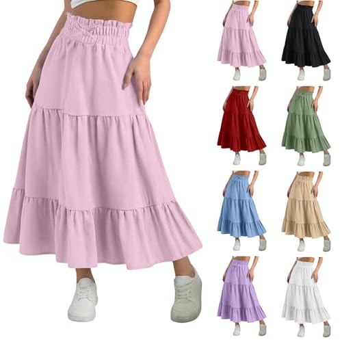 Girls Maxi Skirts High Waist Boho Floral Flare Hem Dress Summer Fashion Loose Fit Cute Holiday Skirt for Kids Size 10-12 Pink