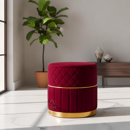 Image of Set of 2 Round Velvet Ottoman Footstool Gold Base - Tufted Upholstered Pouffe Stool for Living Room, Bedroom & Dressing Area (Maroon)