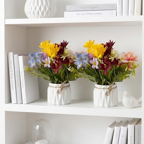 Image of Dekorly Artificial Lavender Plant in White Pot, 18cm - Realistic Faux Flower Arrangement for Home & Office Decor (Set of 1) (2, Multi Colour Lily Flower)