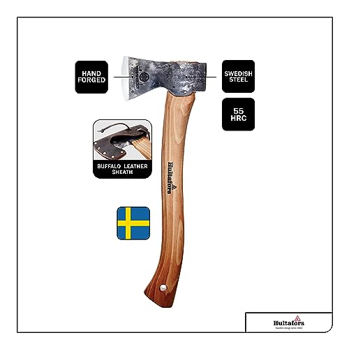 Hand-forged Hultan hatchet 375mm made of Swedish quality steel I Hultafors I Forged in Sweden I 805g premium axe with hickory wood handle & incl. leather guard I Hatchet can be resharpened I 841701