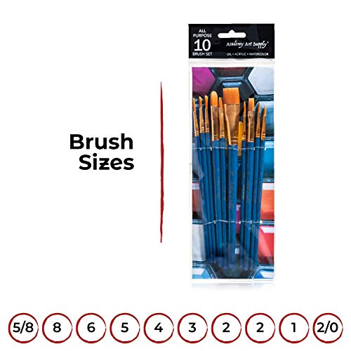 Academy Art Supply - 10 Piece Nylon Brush Set for Acrylic, Oil and Watercolor Paint