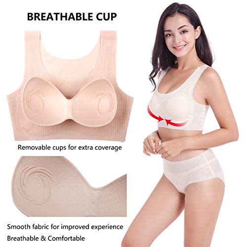 Feoya Comfortable Invisible Everyday Bra Breathable Sport Bra Removable Pads Sleeping Bra 4Xl Beige #TOP1
