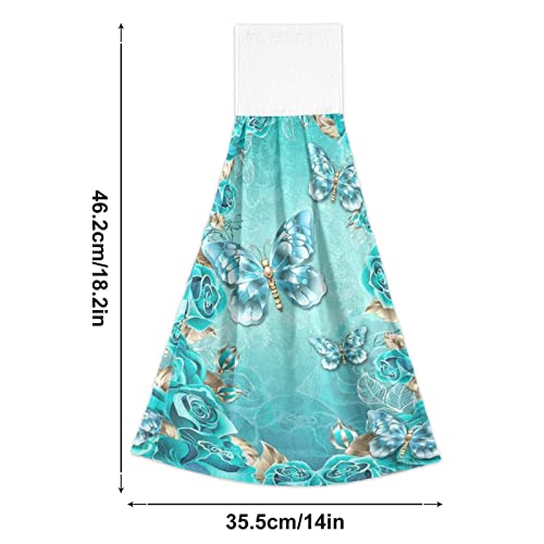 Boccsty Blue Teal Rose Hanging Kitchen Towels 2 Pieces Butterfly Spring Hand Yowels Dish Towels Tie Towel Tea Towels For Bathroom Farmhous Housewarming Home #TOP2