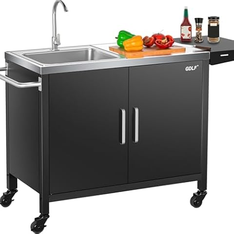 GDLF Outdoor Grill Table with Sink,Metal Outdoor Grill Cart, Outdoor Kitchen Island with Stainless Steel Sink,L57*W21.65 Cover
