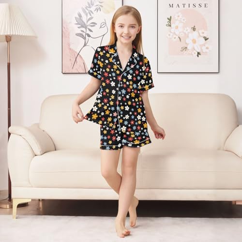 ALAZA Cartoon Flower Blossom Print Satin Pajamas Set Short Sleeve Button Down Sleepwear Summer Pjs 2 Piece3