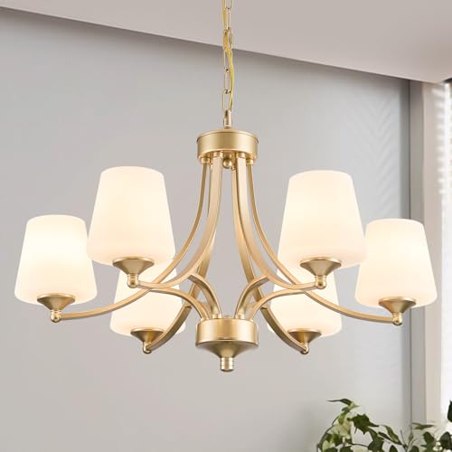 Image of 6-Light Modern Gold Chandeliers for Dining Room 47.2'' Adjustable Height Farmhouse Pendant Light with Frosted Glass Shades,Gold Round Chandeliers Hanging Lamp for Kitchen Island Dining Table Entryway
