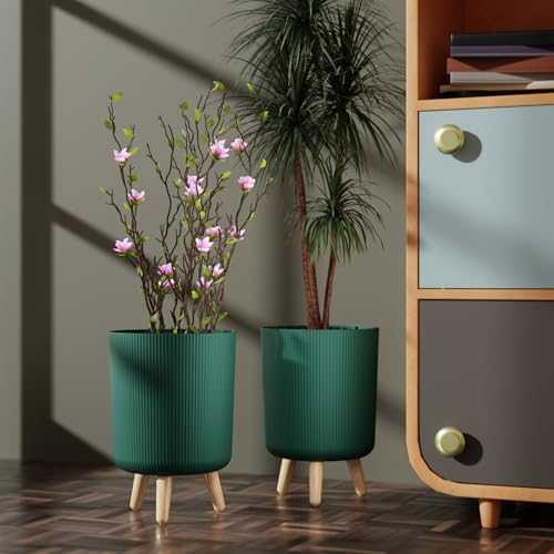 Image of StyleX Store Modern White Flower Pot with Plastic Legs | Indoor Outdoor Planter for Home Garden Balcony Decor Ribbed Design Sturdy Plastic Mid-Century Style (Green Pack of 1)