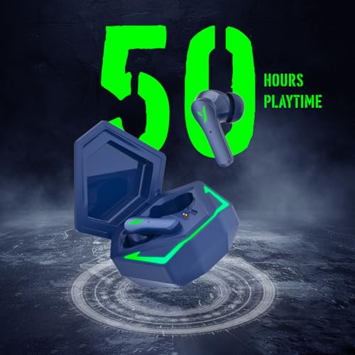 Image of pTron Bassbuds Rogue W / 40Ms Low-Latency Gaming,Clear Calls,50Hrs Playtime,Pristine Sound,V5.3 Bluetooth in Ear Headphones,Snug-Fit,RGB Lights,Touch Control,Voice Assist,IPX5 Water Resistant (Navy)