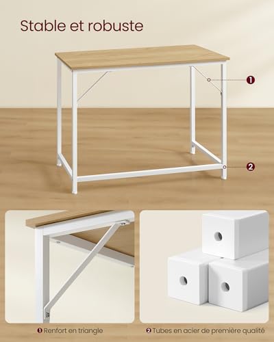 Bureau 100x50 chêne/blanc, stable acier 50 kg VASAGLE