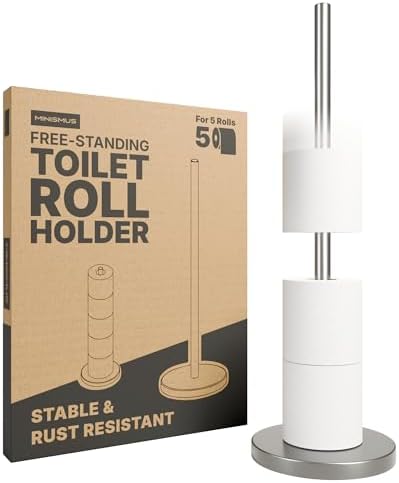 Minismus Toilettenpapierhalter, beschwerte Basis, 5 Ersatzrollen, Silber | Klopapierhalter, Toilettenpapierständer, Edelstahl, kippsicherer Stand, ohne Bohren, freistehend, für beq