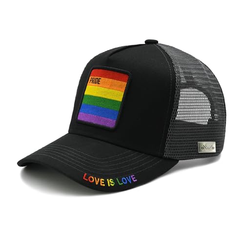 Wodeal Unisex Pride Trucker Hat, LGBT Rainbow Stripes Embroidered Baseball Cap, Adjustable Snapback Mesh Hat for Men Women Black
