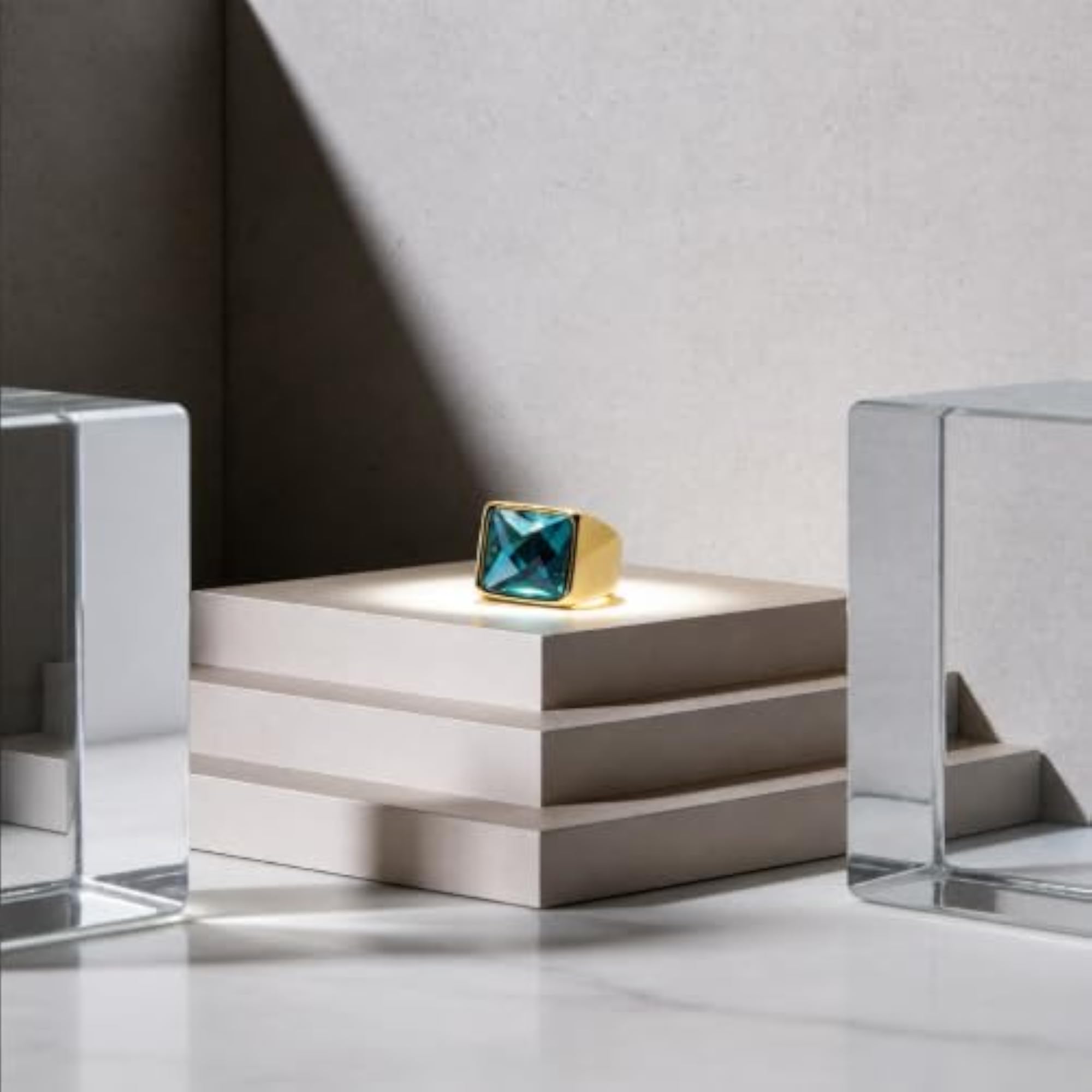 MJ Luxe Blue Stone Signet Ring, Gold Plated