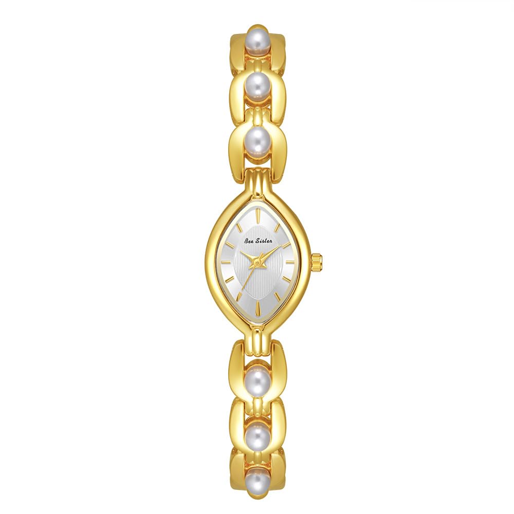 CARLIEN Orologio da polso da donna, piccolo quadrante ovale dorato, cinturino in perle, sottile, minimalista, elegante bracciale rigido