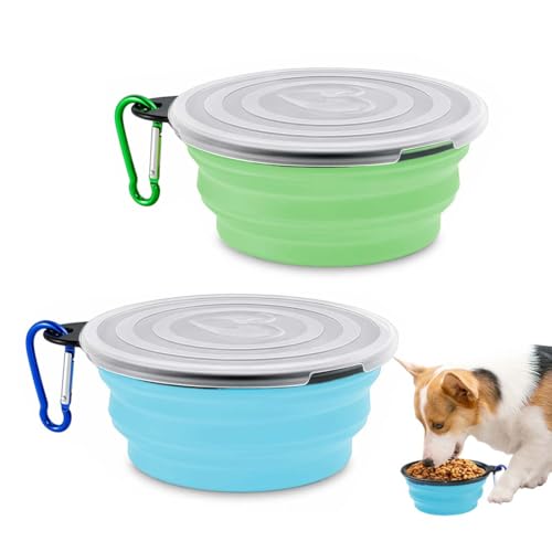 MKEAWWU Ciotola Portatile Per Cani Pieghevole Silicone, 2 Pezzi Da Viaggio Con Moschettone, 350 Ml, Azzurro E Verde