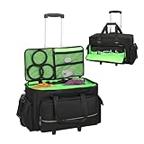 Large Rolling DJ Cable Bag, Green Padded Gig Bag with Detachable Trolley & Divider, 600D Oxford Music Gear Case with Multi Pockets for 15.6' Laptop, DJ Cables, Microphones, Sound Equipment Storage