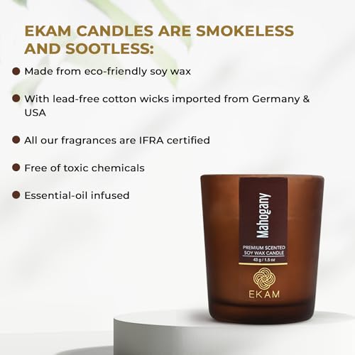 Image of EKAM Scented Frost Glass Votive Candle| Mahogany Scented| Luxury Fragrances| Ideal for Home Decor, Aromatherapy & Gifting| Soy Wax| Therapeutic| Smokeless| Sootless| 10 Hours Burn time |40 g