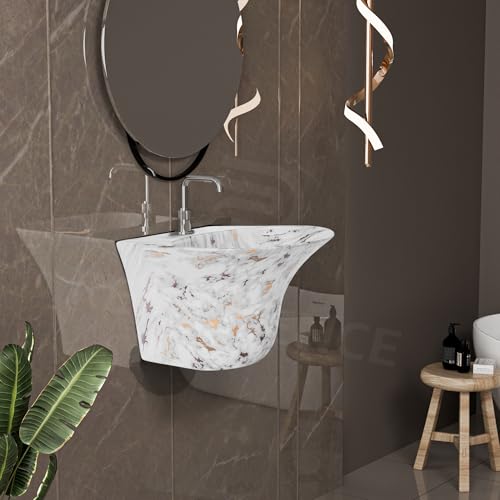 Image of REMANENCE Luxury Wall Mount Half Pedestal Wash Basin for Bathroom | Designer Wall Hung Basin | Wall Mounted Washbasin for Resturent, Hotels (16 x 16 x 11 Inch) (White Gold Spot)