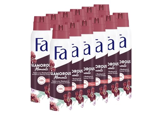 FA Desodorante en spray Glamorous Moments (12 x 150 ml), desodorante con el glamoroso aroma de orquídea negra, fórmula vegana, detiene las bacterias, desodorante protector sin sales de aluminio