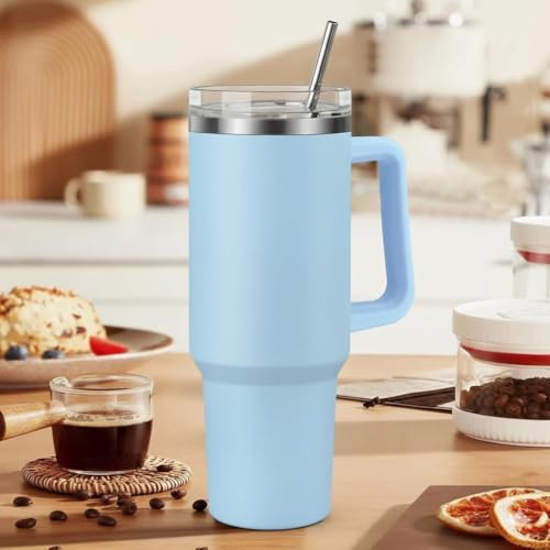 Image of Double Wall Insulated Stainless Steel Tumbler with Handle 1200ml | Travel Mug with Steel Straw| Hot & Cold Beverage Flask | Easy Carry Home, Office, Gym (Blue)