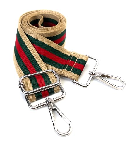 Image of Beige Green Red Stripe Purse Strap with Silver Hardware 1-1 /2 Inch Wide Replacement Crossbody Guitar Style Shoulder Strap for Handbags Totes