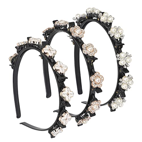 Unaone 3 Pieces Hairpin Headbands for women, Fashion Double Layer Twist Plait Hair Bands with Clips, Elegant Hair Accessories Pearl Headband for Girls (Black)