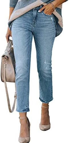 Lesore Womens High Waist Washed Raw Hem Boyfriend Ripped Distressed Destroyed Straight Leg Cropped Jeans Denim Pants Pockets Blue 29