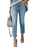 Lesore Womens High Waist Washed Raw Hem Boyfriend Ripped Distressed Destroyed Straight Leg Cropped J