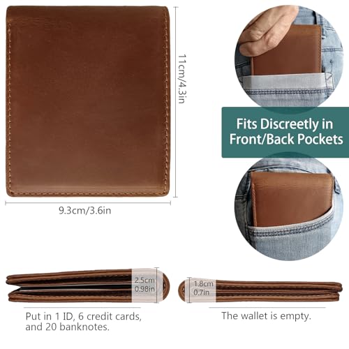 Thin Wallet for Men Bifold Slim Back/Front Pocket Design | 4x3 6 Card Slots, 2 Cash Pockets & 1 ID Window | 0.7" RFID Blocking Horizontal Genuine Leather with Gift Box2