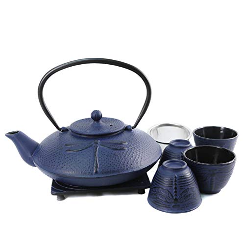 Cuisiland Dragonfly Cast Iron Teapot Set with 4 Cups 37oz Blue