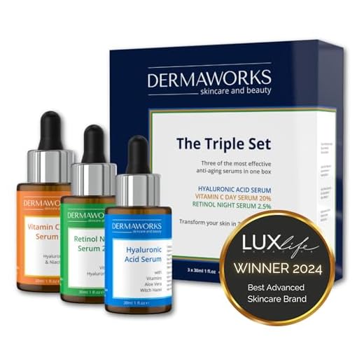 Dermaworks Serumsats + Retinol Serum + vitamin c + hyaluronsyra, anti-aging, anti-rynkor, behandlar åldersfläckar, stimulerar kollagenproduktion, ljusnar, stärker och återfuktar 3 x 30 ml