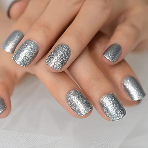 Coolnail Silver Glitter Press On Nails Square Artificial Short False Nail Tip For Office Home Fake Finger Nail Faux Ongle For Women Girl #TOP4