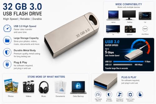 Image of 32GB USB 3.0 Metal Pen Drive High Speed Flash Drive for Laptop, PC, Smart TV, Car Music Player | Water Resistant & Durable Metal Flash Drive for Backing Up Files, Pictures, Videos & Docs
