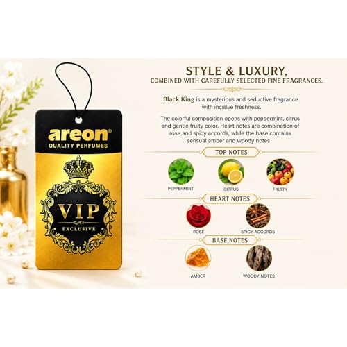 Image of AREON VIP Hanging Car Air Freshener Pack of 3 - Premium Car Perfume with Natural Fragrances, Stylish Hanging Cards Long Lasting Auto Air Freshener for Car, Home, Office & Vehicle Interior - BLACK KING
