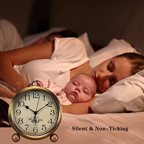 Justup Golden Table Clock, Retro Vintage Non-Ticking Table Desk Alarm Clock Battery Operated Silent Quartz Movement Hd Glass For Bedroom Living Room Indoor Decoration Kids (Arabic) #TOP3