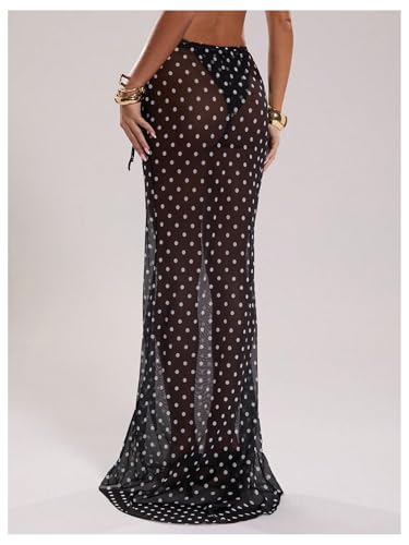 Milumia Women's Polka Dots Mesh Long Skirt Drawstring Side See Through Sheer Swimwear Cover Ups3