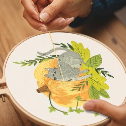 Image of XM-GENYUE 3 Sets Cute Cat Embroidery Starters Kit with Pattern for Beginners, Full Range of Stamped Cat and Flower Cross Stitch Kit Set with Embroidery Hoop Cloth Thread Needlepoint Kit