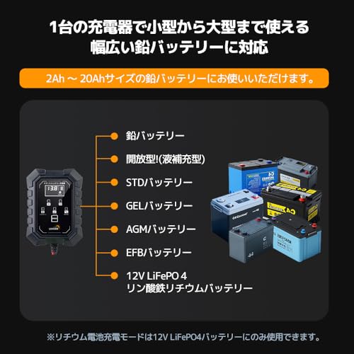 リョクエン（LVYUAN）全自動パルスバッテリー充電器 6V/12V 自動認識 バッテリーチャージャー バイク充電器 定格1.5A【車両ケーブル付属】SAEコネクタ【2025新登場】6V/12V鉛/12VLiFePO4リチウム電池両用 2AH-20AH パルス修復 [ PSE取得済み] スマート充電【サルフェーション 除去機能】 AGM/GEL 車充電可能 バイク・農機・建設機械・小型船舶