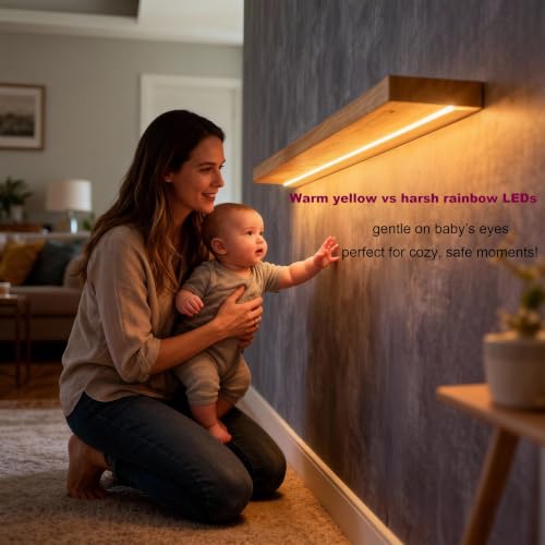 Image of ROGMARS 48 Inches Long Walnut Floating Shelves with Led Light | Rustic Solid Wood Farmhouse Wall Shelves with Invisible Brackets for Bedroom, Living Room, Kitchen, Bathroom Set of 2