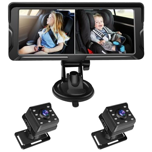 Shkalacar Camara Vigilancia Bebe Dual Canal de 6.8 Pulgadas 1080p con Visión Nocturna IR y ángulo de Visión de 150 ° de Ancho, Espejo Coche Bebe Rotativo para la Cara Trasera