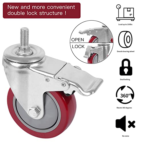 dicasal 4 inch heavy duty stem casters 360 degree swivel thread wheels with metric size m12-175 screw bolt double locking brake castor wheel load capacity upto 1200 lbs pack of four
