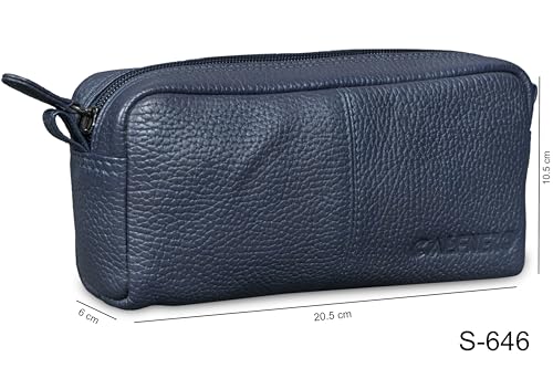 Image of Calfnero Genuine Leather Toiletry Bag for Men & Women | Premium Leather Travel-Pouch | Toiletry Organizer | Cosmetic & Shaving Kit Bag | Unisex Travel Dopp Kit (Navy)