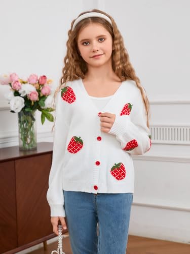MakeMeChic Girl's Strawberry Print V Neck Button Down Cardigan Sweater Long Sleeve Cute Tops3