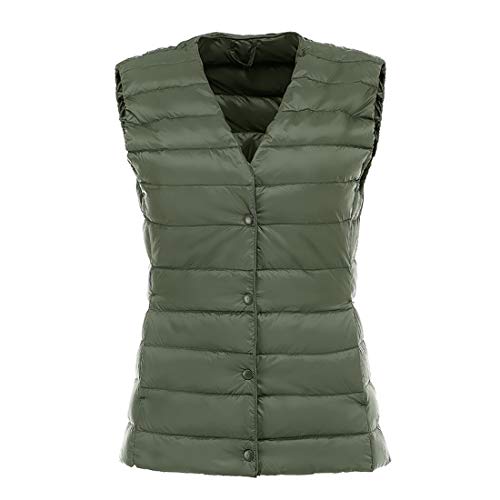 V VOCNI Women's Warm V Neck Down Button Front Padded Sleeveless Jacket Vest Waistcoat Army Green