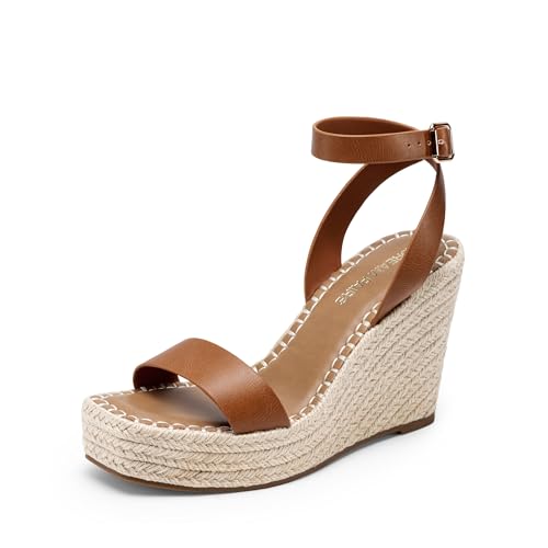 DREAM PAIRS Women's Open Toe Platform Sandals Adjustable Buckle Ankle Strap Comfortable Summer Espadrille Wooden Heeled Wedge Fashion Dressy Shoes 6.5 Brown