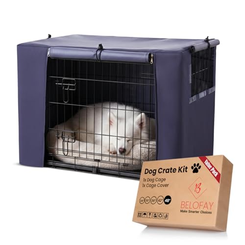 BELOFAY Dog Crate with Crate Cover | Heavy-Duty Metal 48 Dog Cage with Dual Doors, Foldable Frame, Chew-Resistant Tray & 600D Oxford Waterproof Cover with Vent Panels – Ideal for Puppy Travel