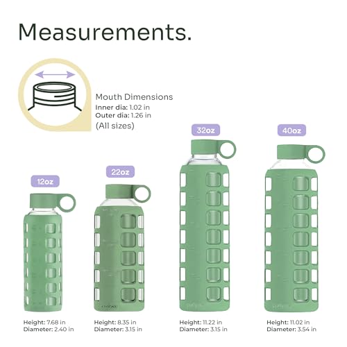 purifyou 40oz / 32oz / 22oz / 12oz Borosilicate Glass Water Bottle with Time & Volume Markers, Silicone Sleeve, Stainless Steel Lid | Reusable Glass Bottle for Water & Juice (22oz Shale Green)