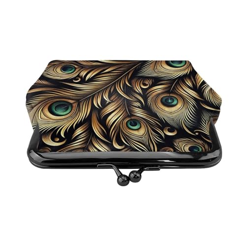 Pu Leather Buckle Coin Purse Gold-Black-Feathers-Peacock Girls Kiss-Lock Change Purse Wallets2