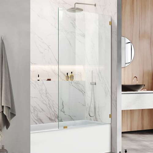 34" W x 58" H Frameless Single Fixed Bath Panel, Fixed Bathtub Screen with Clamps, 1/4" Clear Glass, Bathroom Shower Door Screen Fixed Tub Shower Glass Door Panel in Brushed Gold