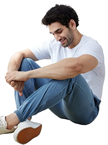 Image of The Souled Store Solids: Azure Blue Mens Regular fit Button Cotton and Spandex Cargo Jeans
