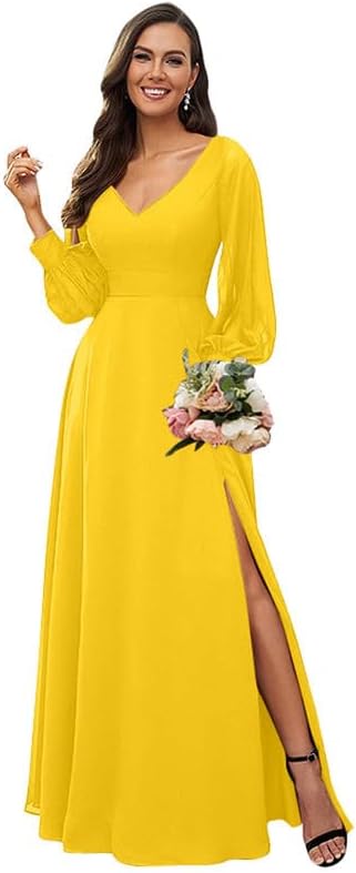 Long Bridesmaid Dresses with Slit A Line Floor Length V Neck Long